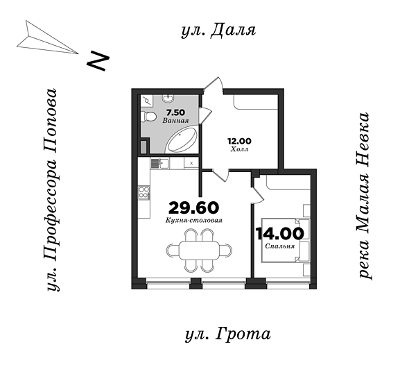Дом на улице Грота, Корпус 1, 1 спальня, 60.66 м² | планировка элитных квартир Санкт-Петербурга | М16